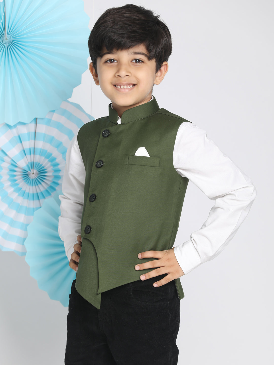 Boy's Green Solid Satin Nehru Jacket