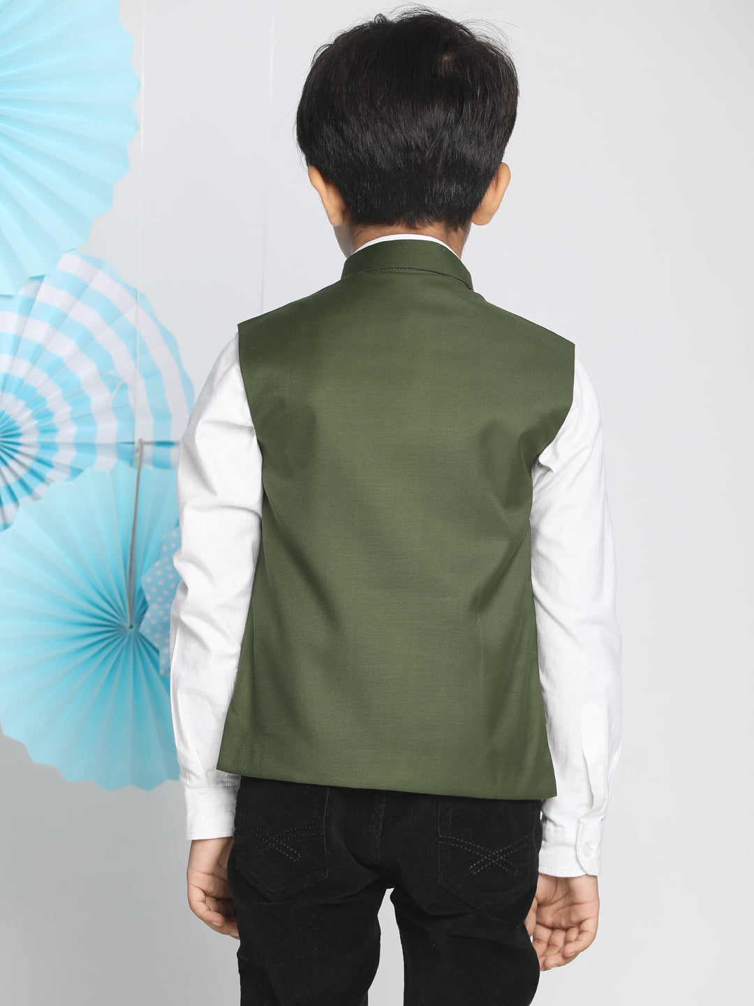 Boy's Green Solid Satin Nehru Jacket