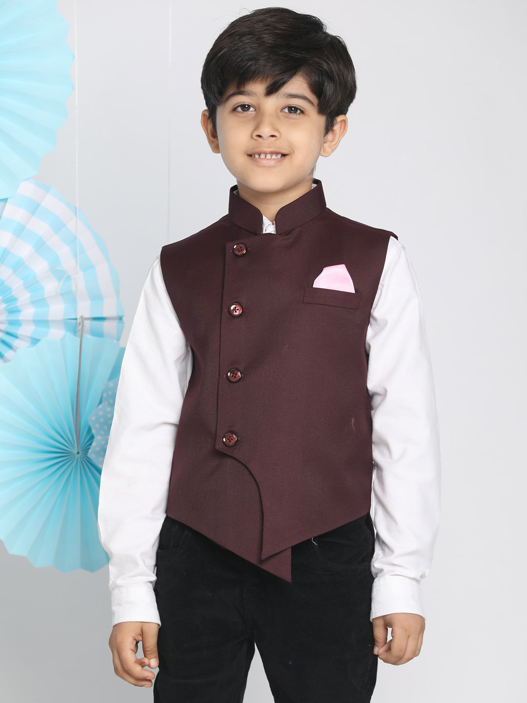 Boy's Maroon Solid Satin Nehru Jacket
