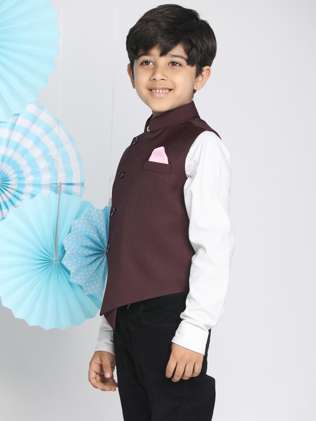 Boy's Maroon Solid Satin Nehru Jacket