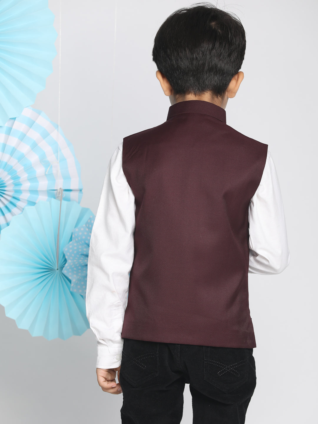 Boy's Maroon Solid Satin Nehru Jacket