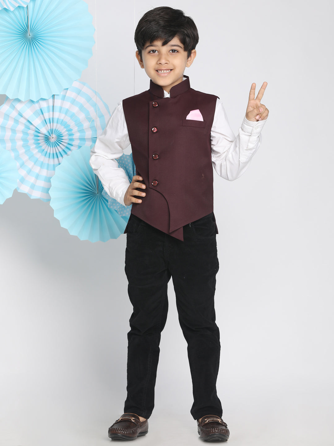 Boy's Maroon Solid Satin Nehru Jacket