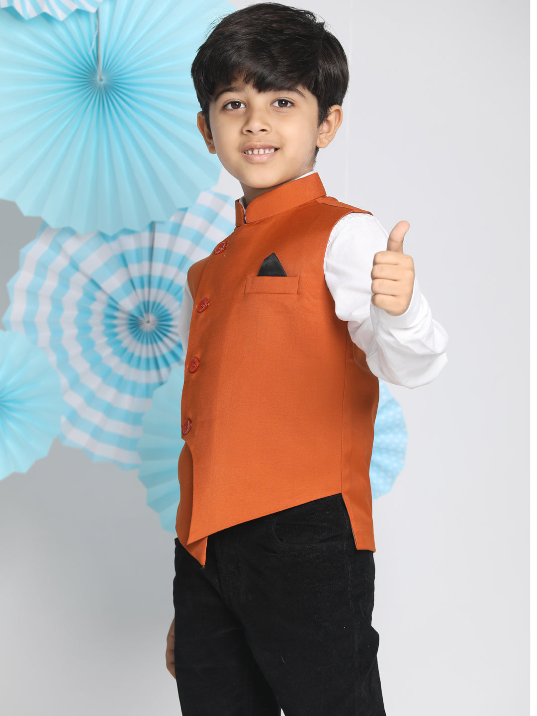 Boy's Orange Solid Satin Nehru Jacket