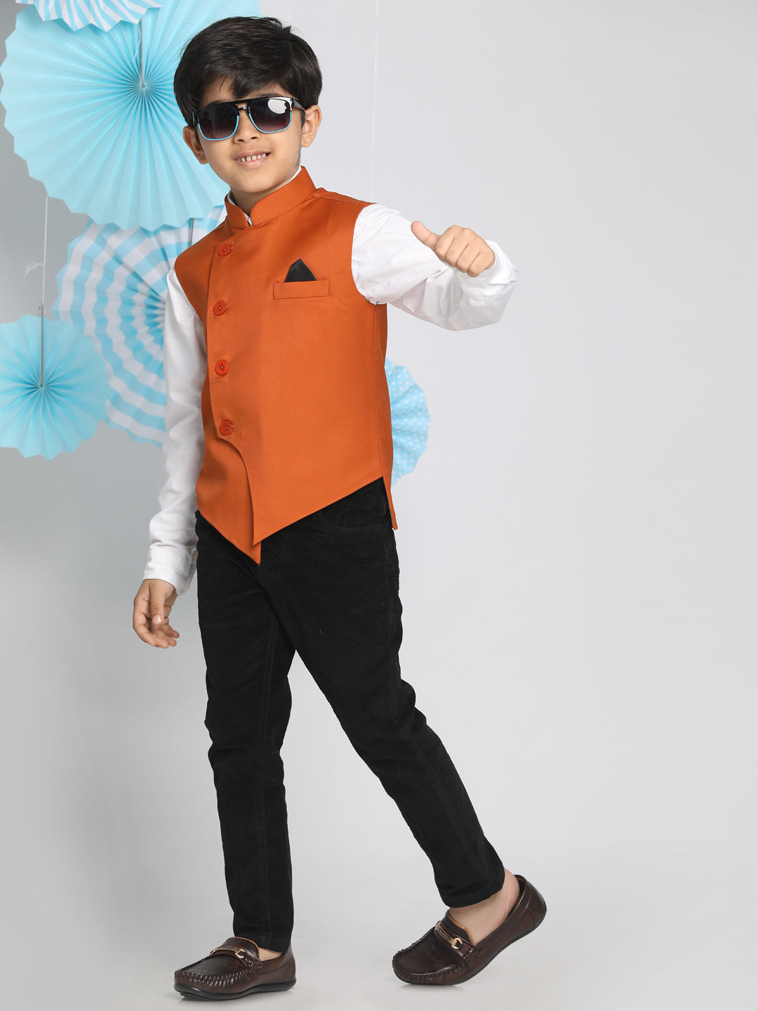 Boy's Orange Solid Satin Nehru Jacket