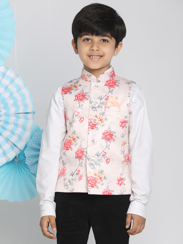 Boy's Multicolor-Base-Peach Floral Printed Nehru Jacket