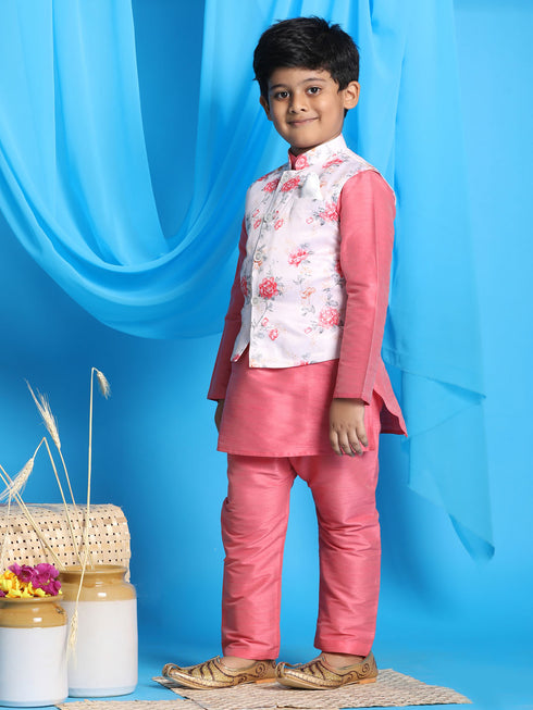Boy's Peach Floral Print Jacket With Pink Kurta And Pyjama Set