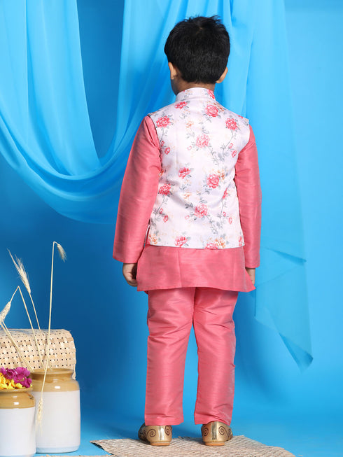 Boy's Peach Floral Print Jacket With Pink Kurta And Pyjama Set