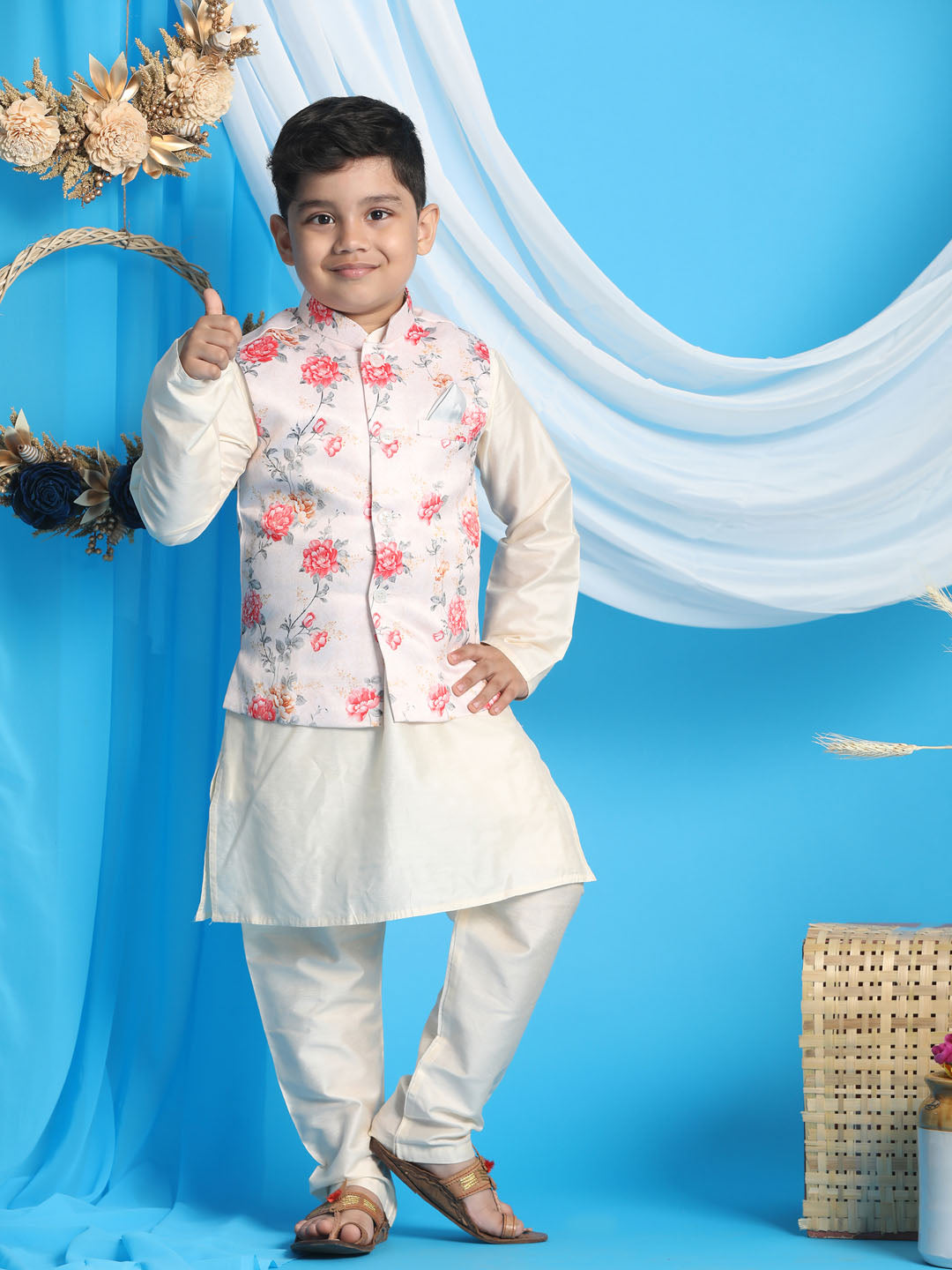 Boy's Peach Floral Printed Nehru Jacket With Cream Color Kurta And Pyjama Set