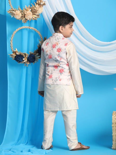 Boy's Peach Floral Printed Nehru Jacket With Cream Color Kurta And Pyjama Set