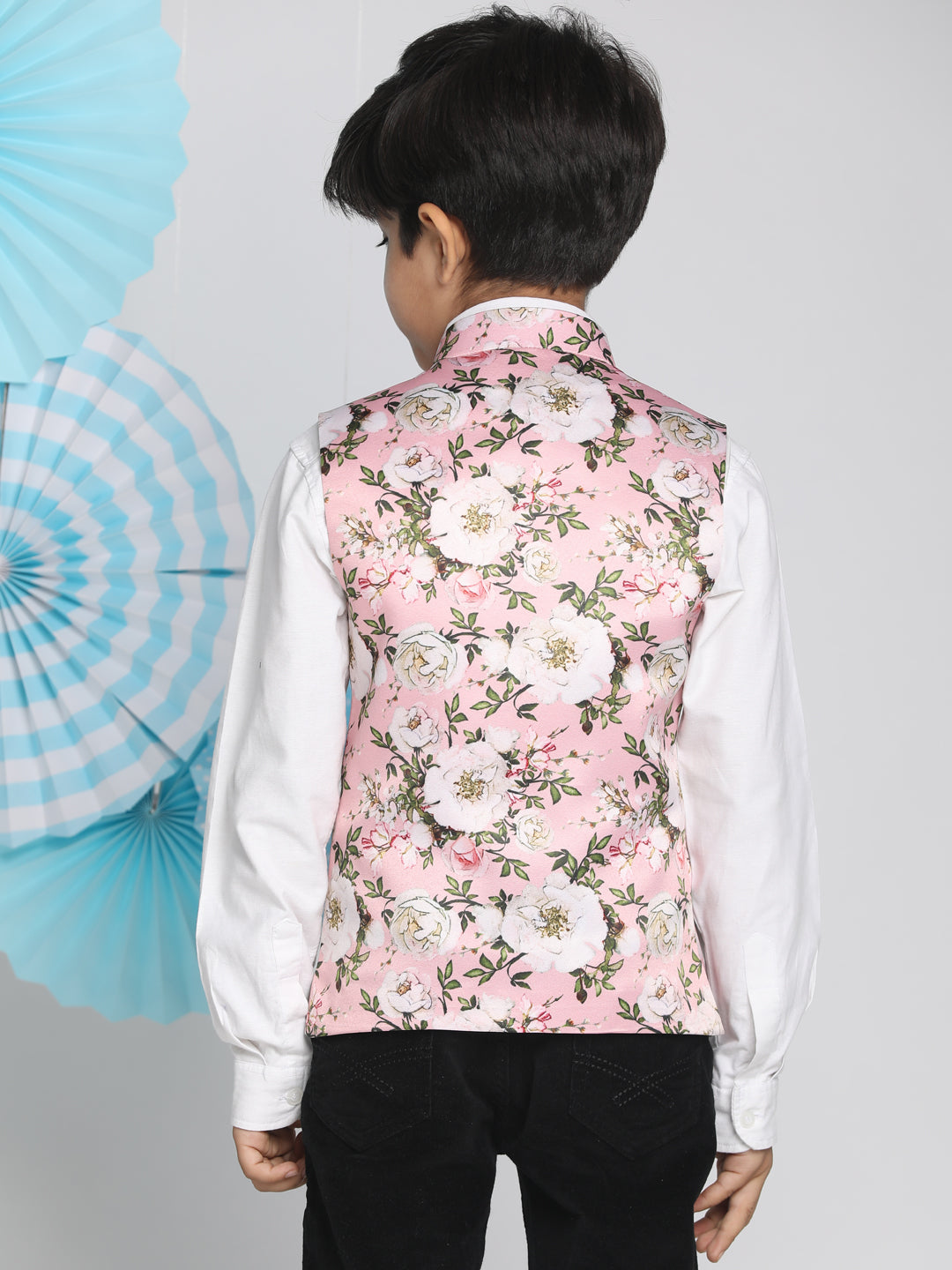 Boy's Multicolor-Base-Pink Nehru Jacket