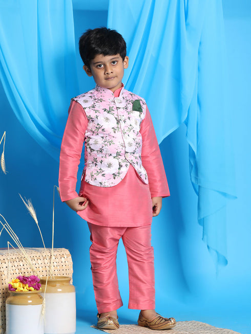Boy's Pink Floral Print Jacket With Pink Kurta And Pyjama Set