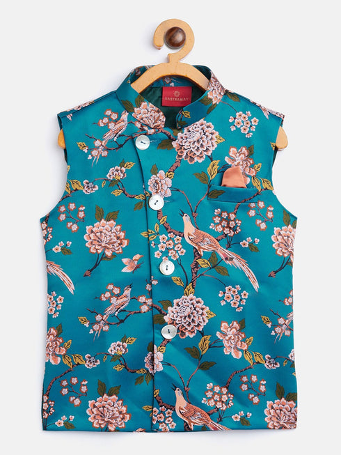 Boy's Turquoise Blue & Green Printed Nehru Jacket