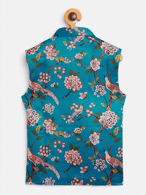 Boy's Turquoise Blue & Green Printed Nehru Jacket