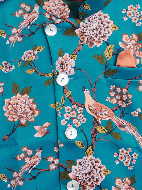 Boy's Turquoise Blue & Green Printed Nehru Jacket