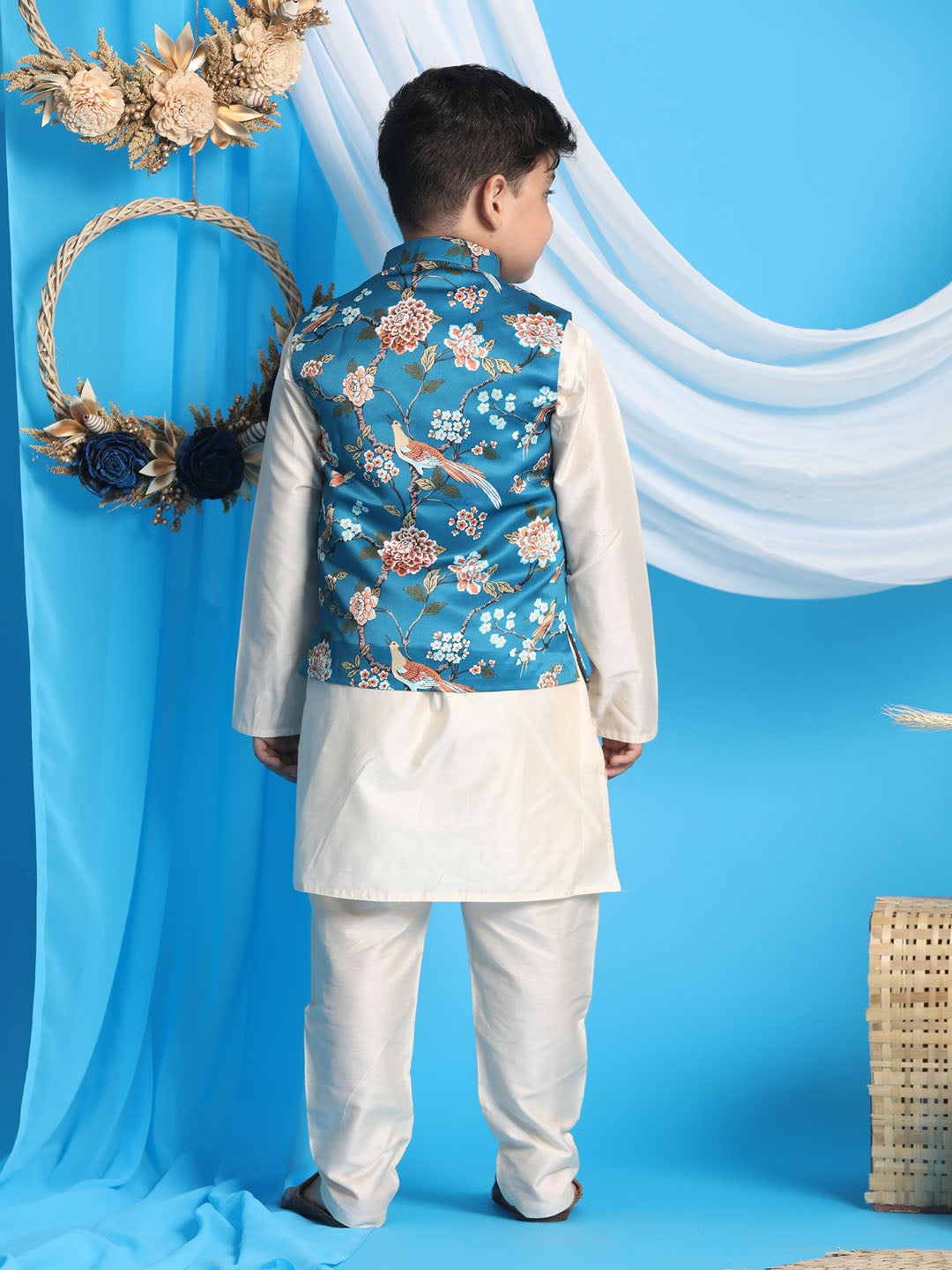 Boy's Turquoise Blue & Green Printed Nehru Jacket With Cream Color Kurta And Pyjama Set