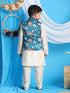 Boy's Turquoise Blue & Green Printed Nehru Jacket With Cream Color Kurta And Pyjama Set