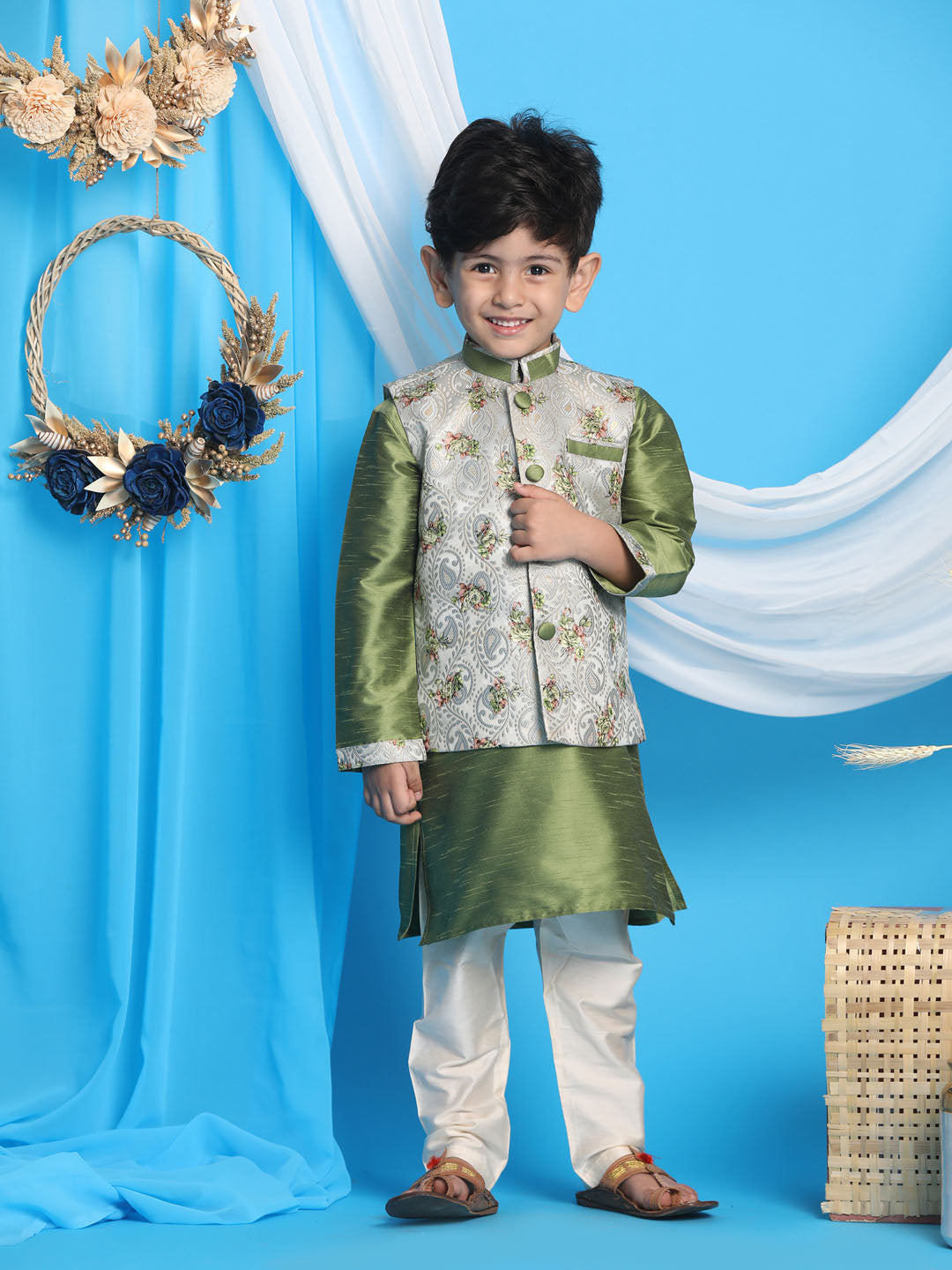 Boy's Grey & Green Printed Woven Nehru Jacket