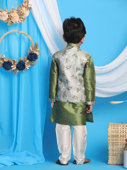 Boy's Green Floral Jacquard Jacket With Silk Kurta And Pyjama Set
