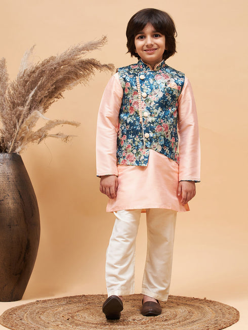 Peach Floral Jacquard Jacket With Silk Kurta And Pyjama Set