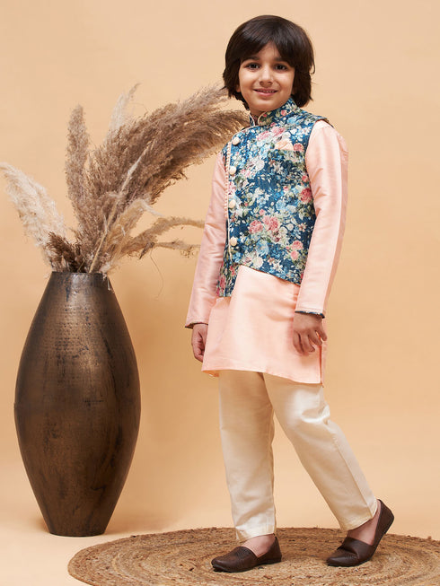 Peach Floral Jacquard Jacket With Silk Kurta And Pyjama Set