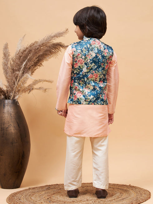 Peach Floral Jacquard Jacket With Silk Kurta And Pyjama Set