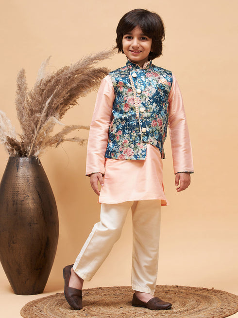 Peach Floral Jacquard Jacket With Silk Kurta And Pyjama Set