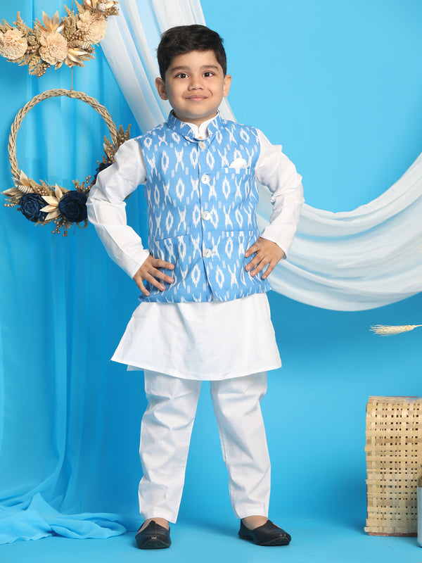 Boy's' Aqua Nehru Jacket With White Cotton Kurta Pyjama Set