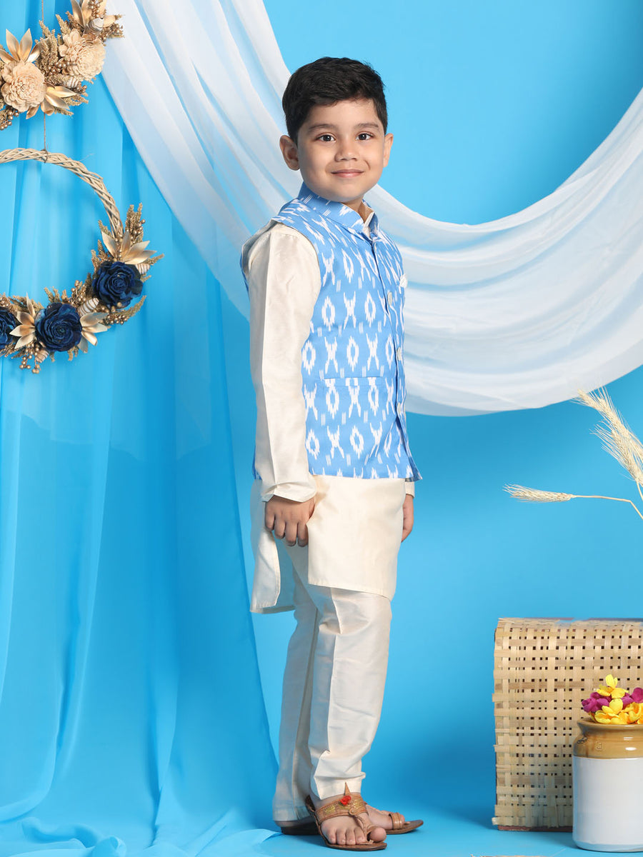 VASTRAMAY Boys' Nehru Jacket - Pink Plaid & Floral Print Sleeveless Vest For Weddings, Festivals & Special Occasions