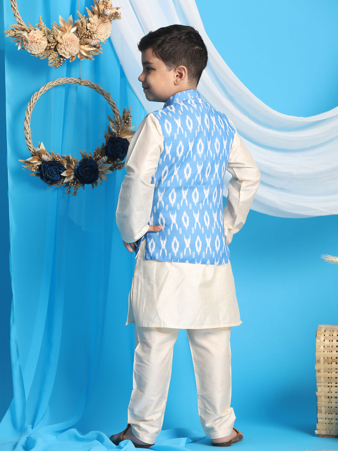 Boy's' Aqua Nehru Jacket With Cream Kurta Pyjama Set