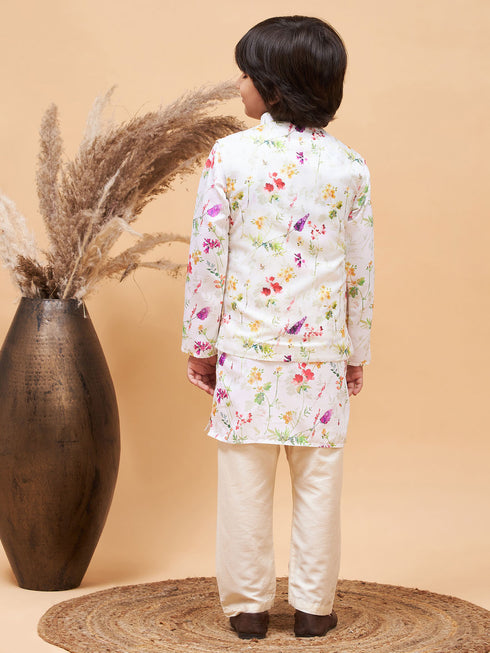 Cream Printed Nehru Jacket And Multicolor-Base Printed Kurta With Cream Pyjama Set