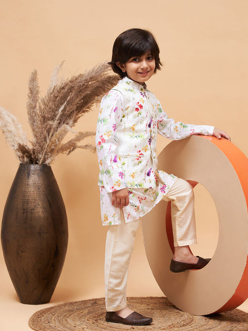 Cream Printed Nehru Jacket And Multicolor-Base Printed Kurta With Cream Pyjama Set