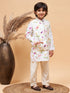 Cream Printed Nehru Jacket And Multicolor-Base Printed Kurta With Cream Pyjama Set