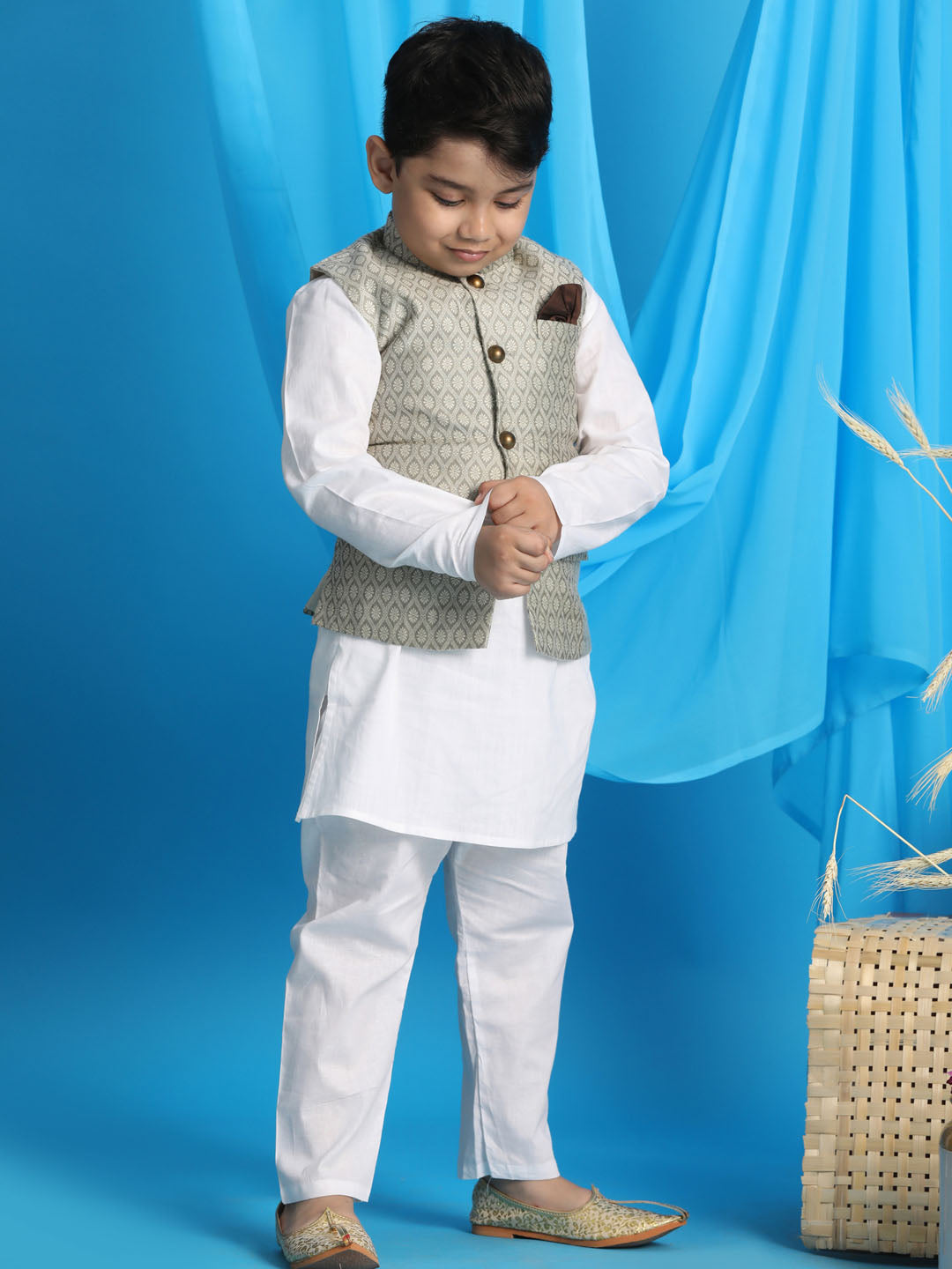 Boy's Beige Woven Jacket With White Kurta And Pyjama Set
