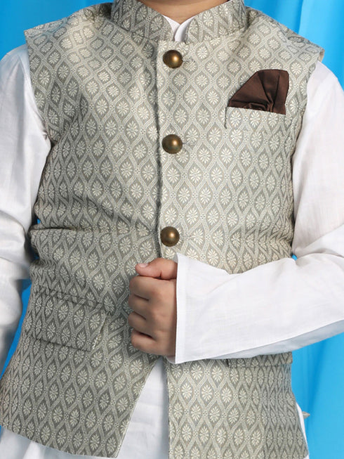 Boy's Beige Woven Jacket With White Kurta And Pyjama Set