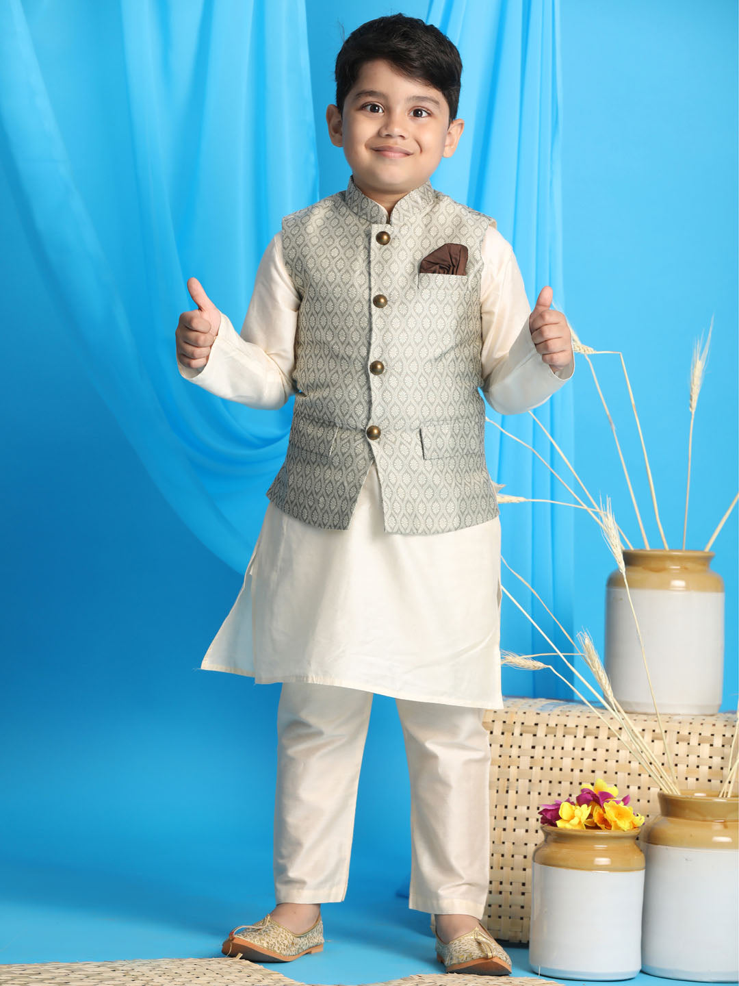 Boy's Beige Woven Jacket With Cream Kurta And Pyjama Set