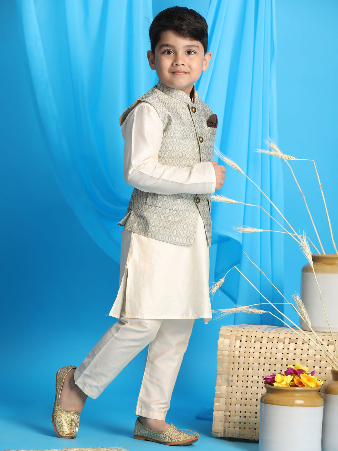 Boy's Beige Woven Jacket With Cream Kurta And Pyjama Set