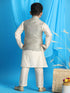 Boy's Beige Woven Jacket With Cream Kurta And Pyjama Set