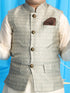 Boy's Beige Woven Jacket With Cream Kurta And Pyjama Set