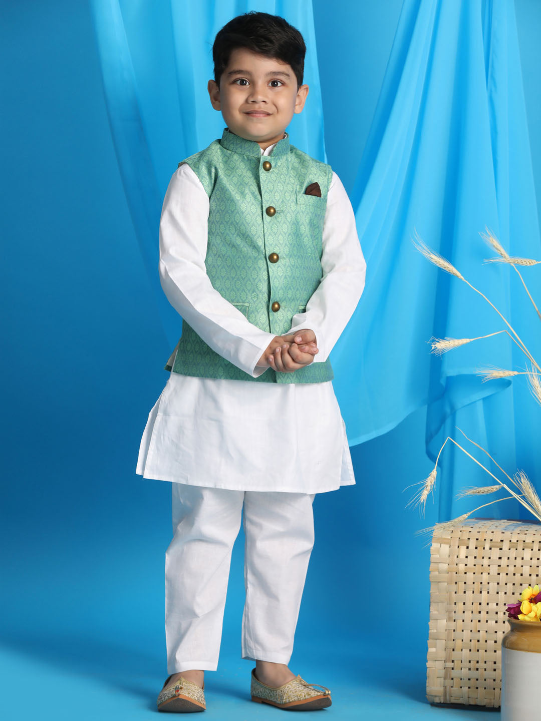 Boy's Light Green Woven Jacket With White Kurta And Pyjama Set