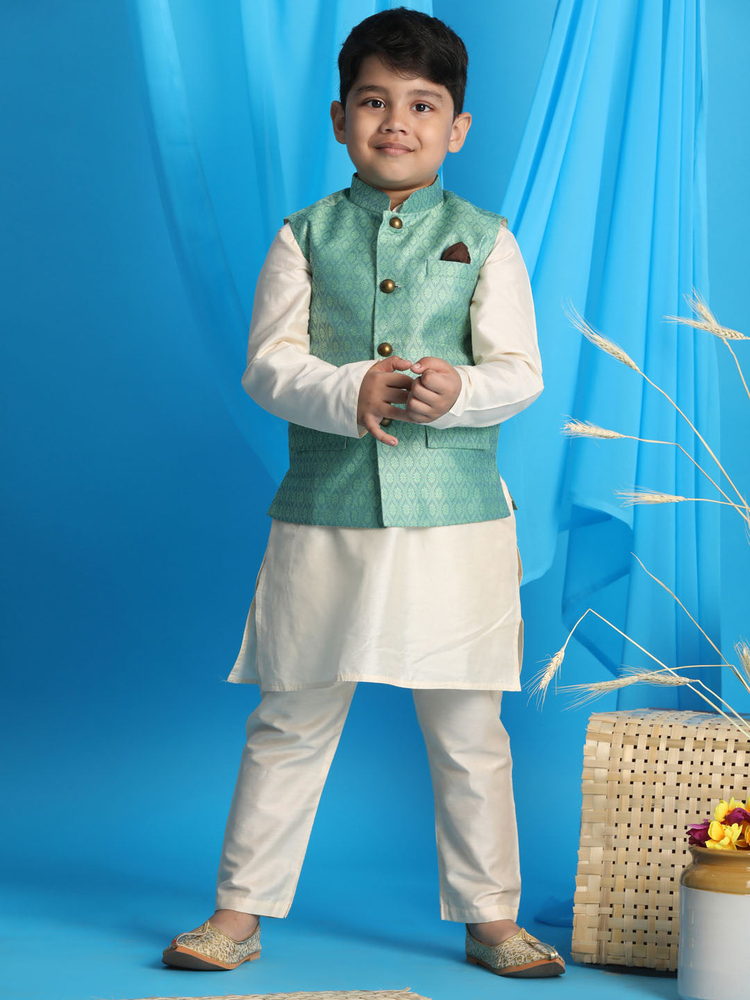 Boy's Light Green Woven Jacket With Cream Kurta And Pyjama Set