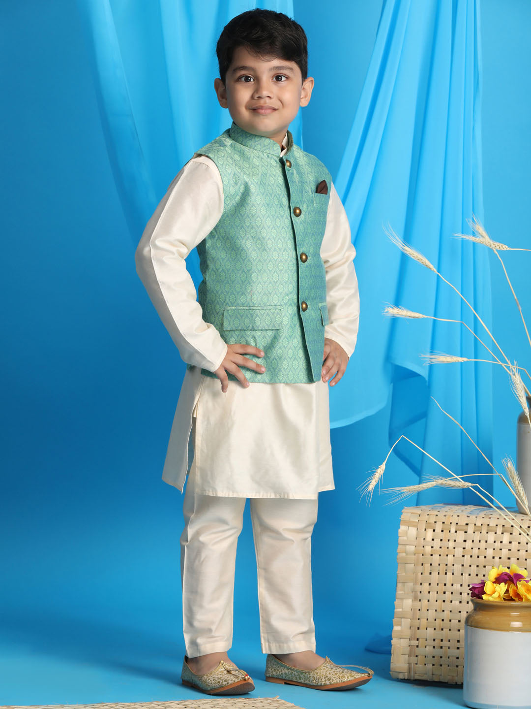 Boy's Light Green Woven Jacket With Cream Kurta And Pyjama Set