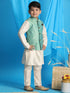 Boy's Light Green Woven Jacket With Cream Kurta And Pyjama Set