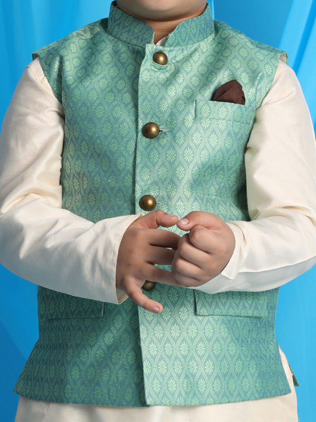Boy's Light Green Woven Jacket With Cream Kurta And Pyjama Set