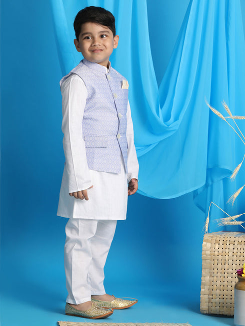 Boy's Lavender Woven Jacket With White Kurta And Pyjama Set