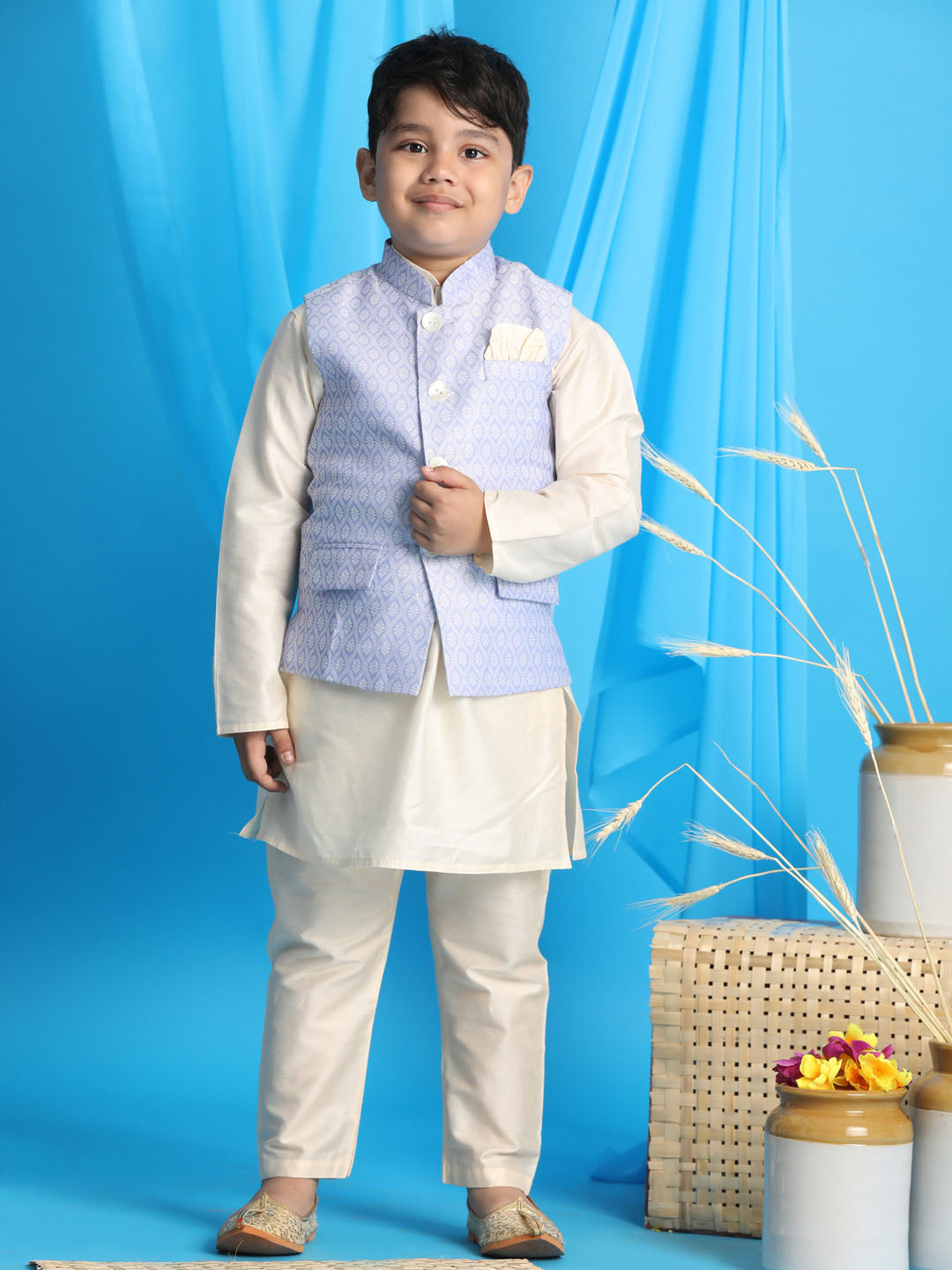 Boy's Lavender Woven Jacket With Cream Kurta And Pyjama Set