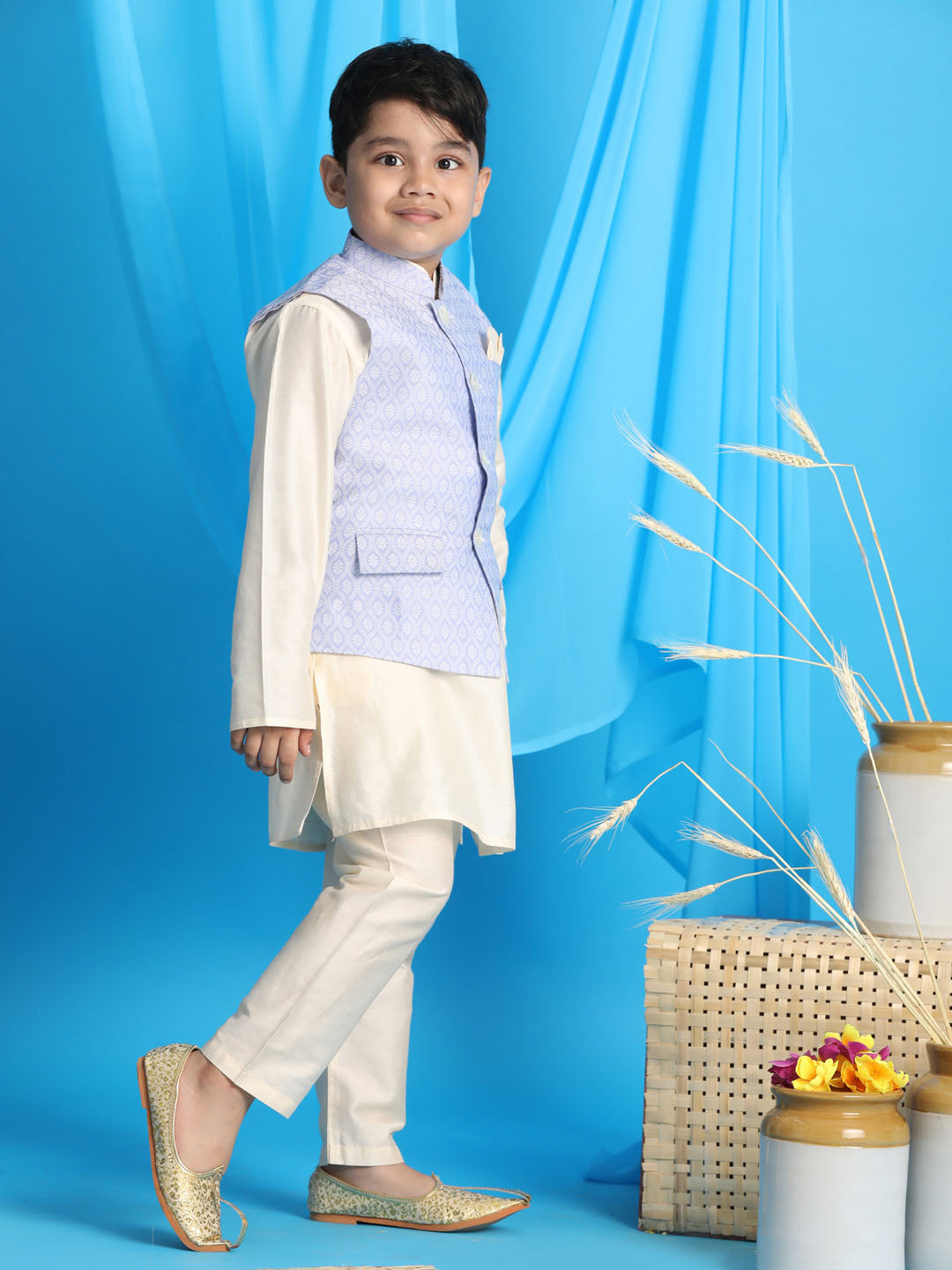Boy's Lavender Woven Jacket With Cream Kurta And Pyjama Set