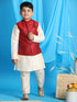Boy's Maroon Woven Jacket With Cream Kurta And Pyjama Set