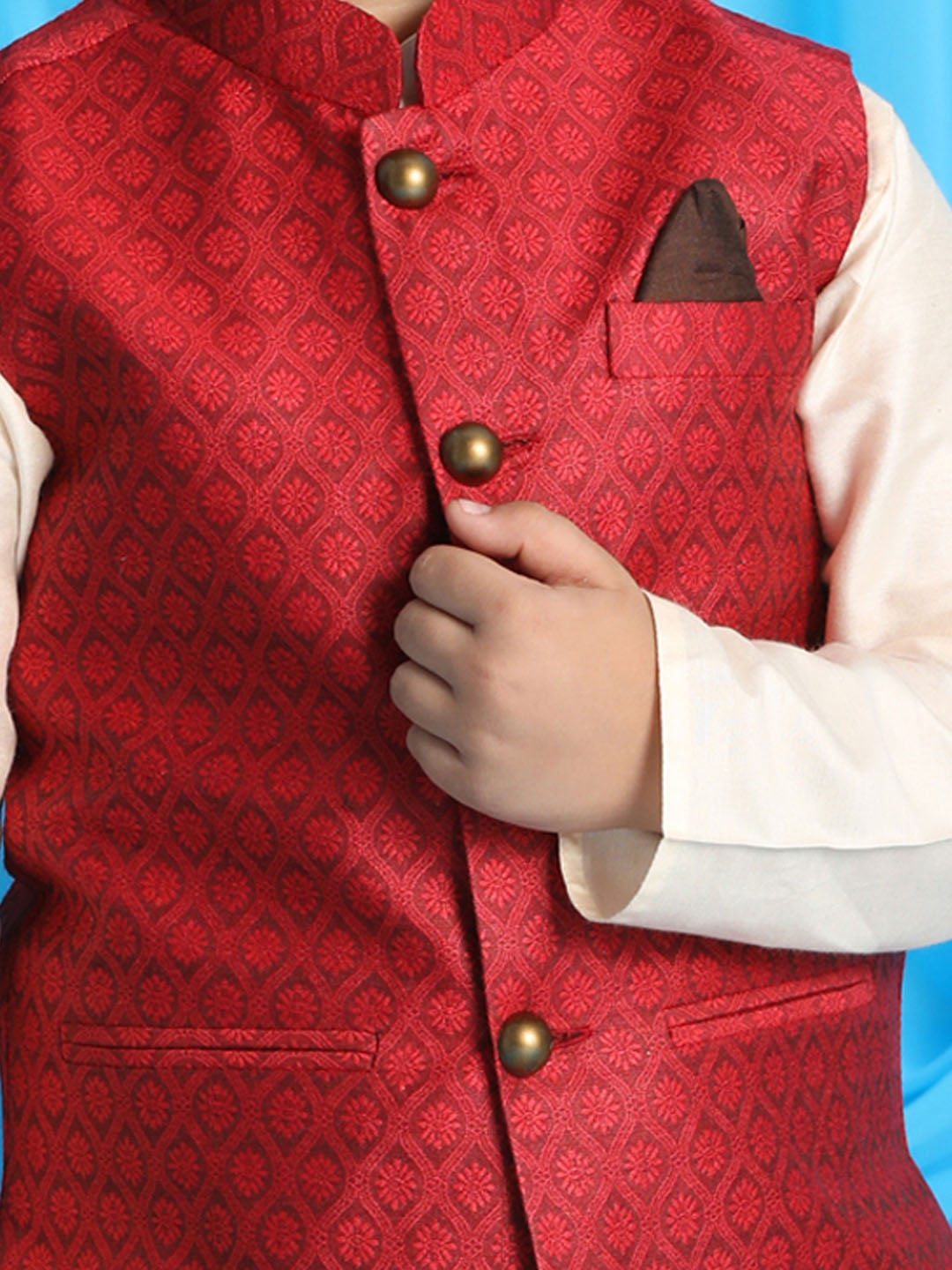 Boy's Maroon Woven Jacket With Cream Kurta And Pyjama Set