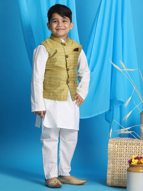 Boy's Yellow Woven Design Nehru Jacket With White Kurta And Pyjama Set