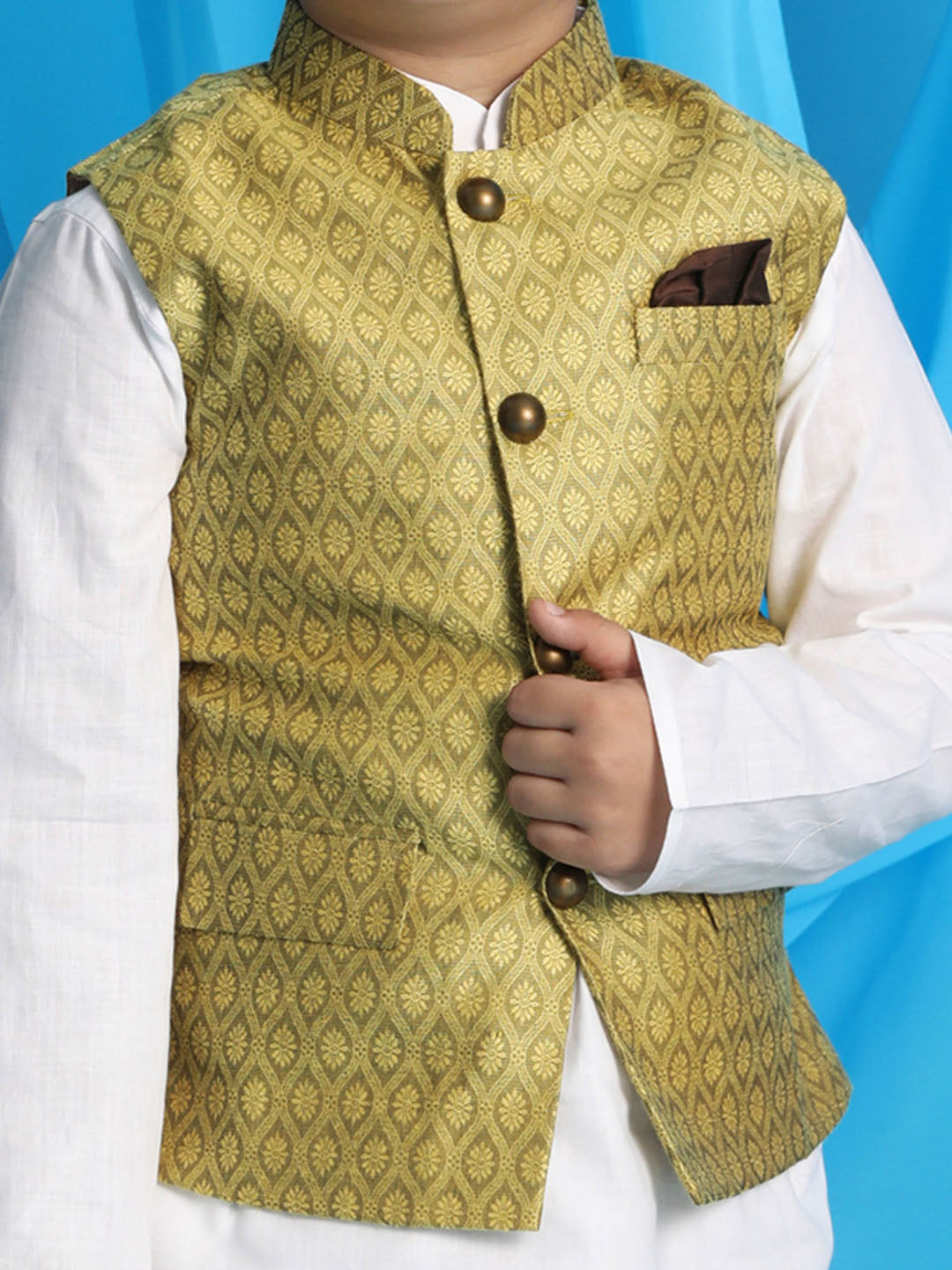 Boy's Yellow Woven Design Nehru Jacket With White Kurta And Pyjama Set